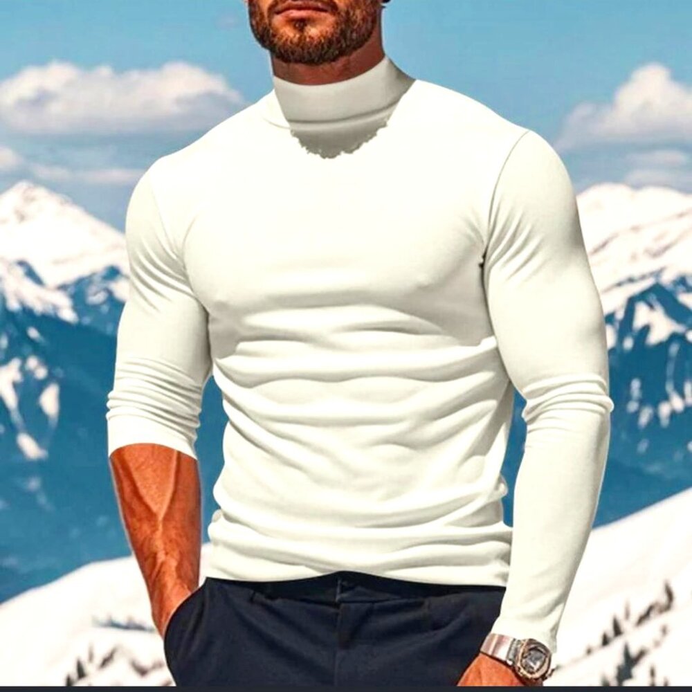 Men's Solid Color Plush Half High Collar Long Sleeve T-shirt